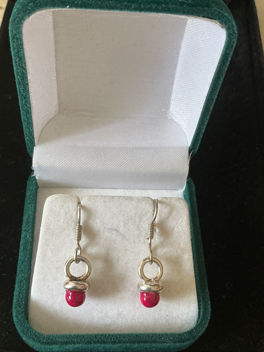 Silver Drop Earrings with Red Accent